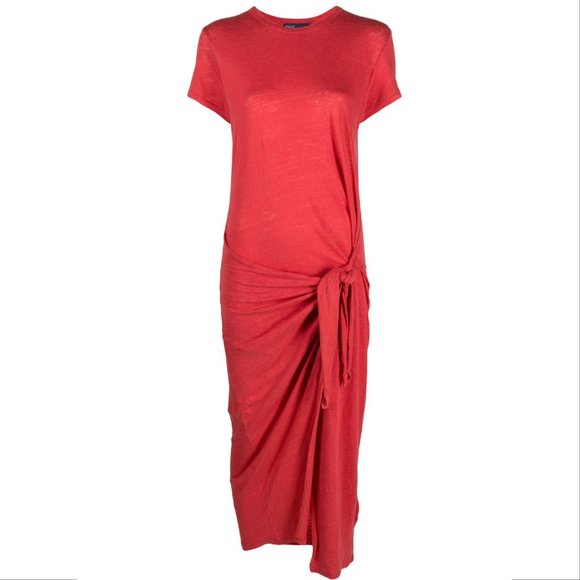 POLO Ralph Lauren Maxi T-shirt DRESS Size S Red LINEN Knot Detail Gathered NEW - Picture 2 of 8